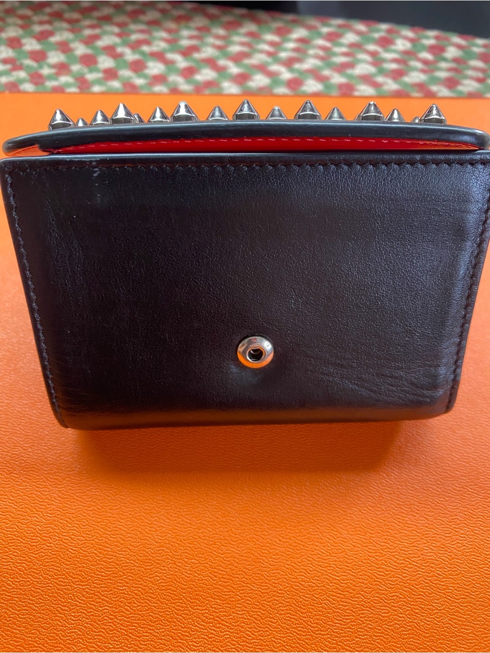 Christian Louboutin Black Leather Studded Compact Wallet with Red Zip Accent - Picture 12 of 16